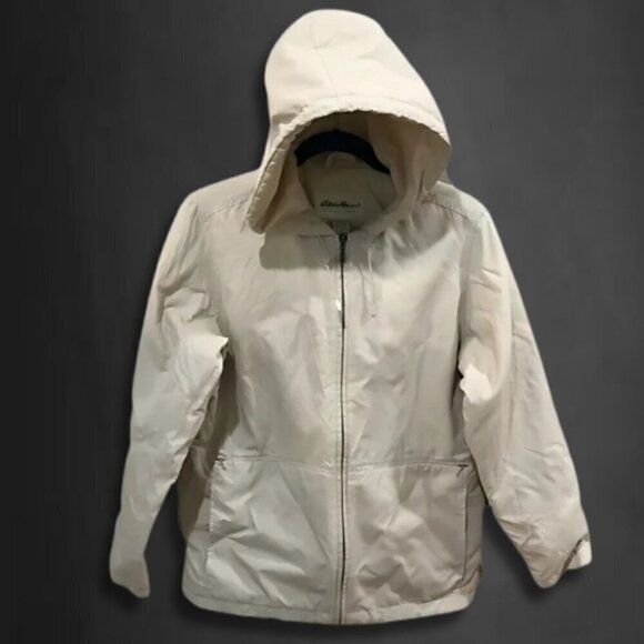 Eddie Bauer Insulated Hooded Jacket Nylon Lightweight Full Zip Drawstrings Cream - Picture 1 of 10